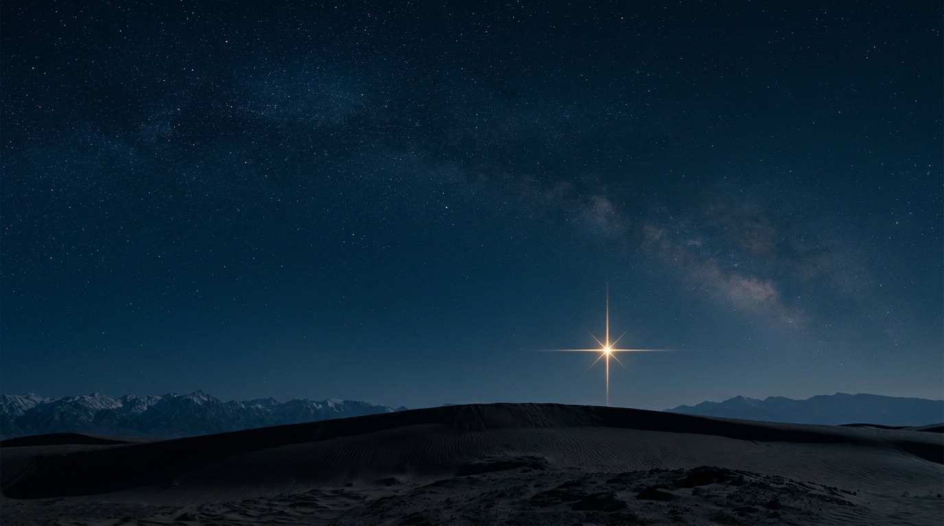 Céu estrelado sobre um deserto, com uma estrela dourada acima das montanhas