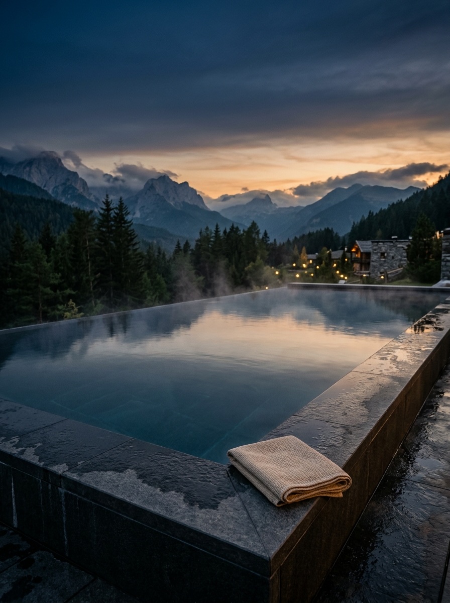 Piscina de borda infinita num resort entre montanhas ao entardecer