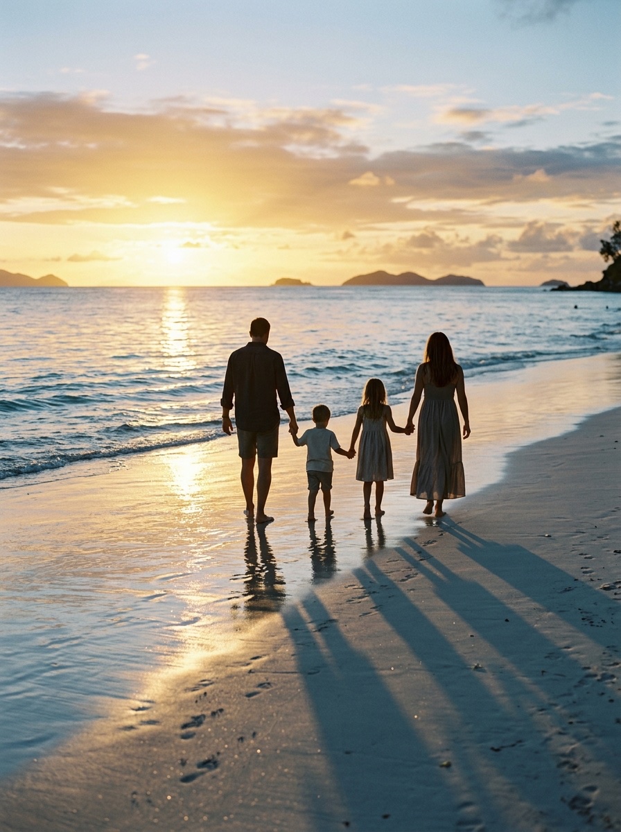 Família de mãos dadas caminhando na praia ao pôr do sol